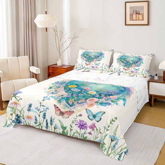 Manfei Groovy Rose Flower Twin Sheet Sets, Dreamy Garden Butterfly Twin Fitted Sheet, Romantic Love Heart Flat Sheet, Microfiber Bedroom Decor, 3-Piece