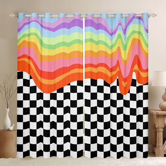 Manfei Groovy Wavy Rainbow Blackout Curtains Set of 2 (38x54 Each), Checkered Living Room Curtains, Black White Orange