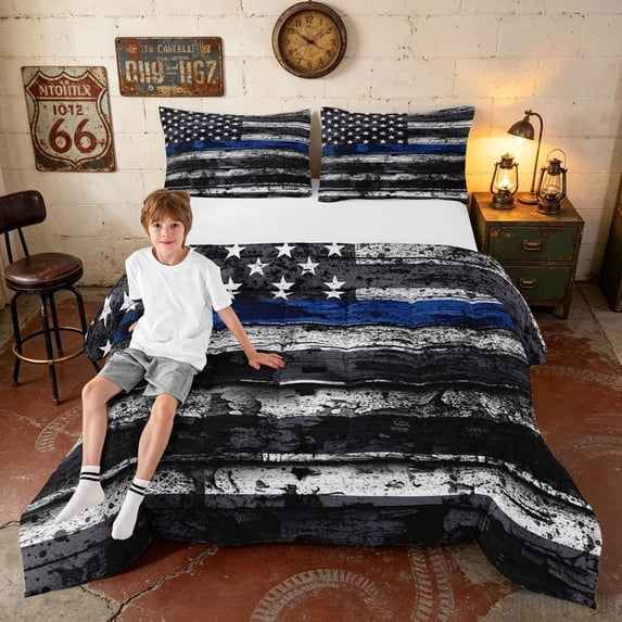 Manfei Grunge American Flag Full Size Comforter Sets, Black White Stripe Bedding Comforter Set, Black Reversible 3-Piece, 1 Comforter and 2 Pillowcases