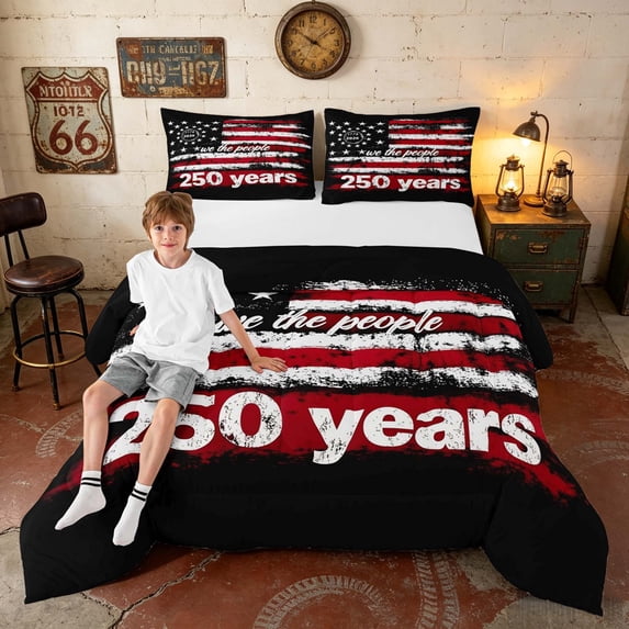 Manfei Grunge American Flag Queen Comforter Set, We the People 250 Years Print Comforter Sets Queen, Black Red, Black Reversible 3pcs, 1 Comforter and 2 Pillowcases