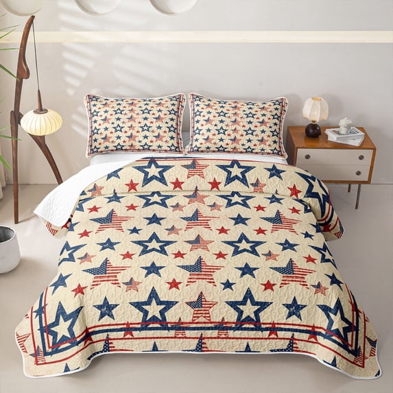 Manfei Grunge American Flag Quilt King,Red Navy Stars King Coverlet Set,3pcs