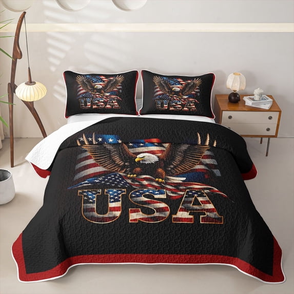 Manfei Grunge American Flag Quilt King,Safari Eagle King Coverlet Set,Red Brown,Usa Print Decor,3pcs