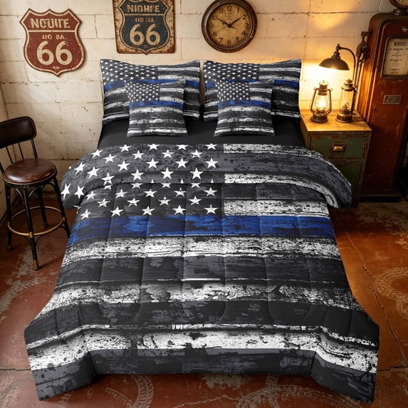 Manfei Grunge American Flag Twin Bedding, Black White Stripe Bedding Comforter Set, Black Reversible 7 Pieces