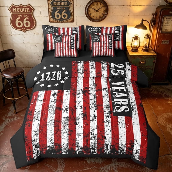Manfei Grunge American Flag Twin Bedding, Patriotic 250 Years Independence Day Bedding Comforter Set, Black Red White, Black Reversible 7pcs