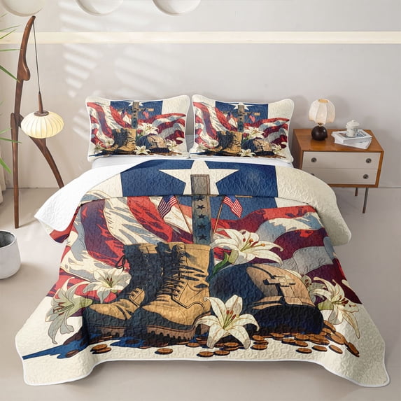 Manfei Grunge American Flag Twin Quilt Set,Soldier Boots Hat Twin Coverlet Set,Red White Navy,2-Piece