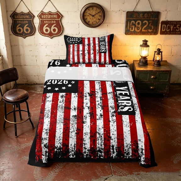 Manfei Grunge American Flag Twin Sheets, Patriotic 250 Years Independence Day Bedding, Black Red White, Black Reversible 3pcs (1 Flat Sheet, 1 Fitted Sheet and 1 Pillowcase)