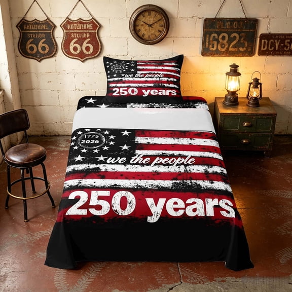 Manfei Grunge American Flag Twin Sheets, We the People 250 Years Print Bedding, Black Red, Black Reversible 3 Pieces (1 Flat Sheet, 1 Fitted Sheet and 1 Pillowcase)