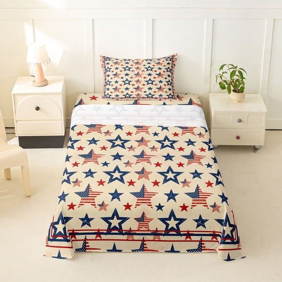 Manfei Grunge American Flag Twin Sheets,Red Navy Stars Bedding,3-Piece,1 Fitted Sheet and 1 Pillowcase