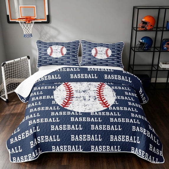 Manfei Grunge Baseball Twin Quilt Set, Sports Twin Coverlet Set, Navy Red White, Navy Reversible 2 Pieces, 1 Bedspread and 1 Pillowcase