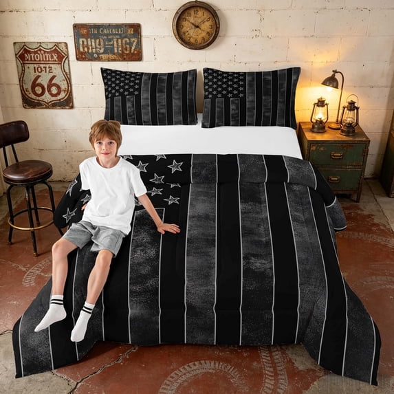 Manfei Grunge Black US Flag Queen Comforter Set, Star Stripe Comforter Sets Queen, Black Gray White, Black Reversible 3 Pieces, 1 Comforter and 2 Pillowcases