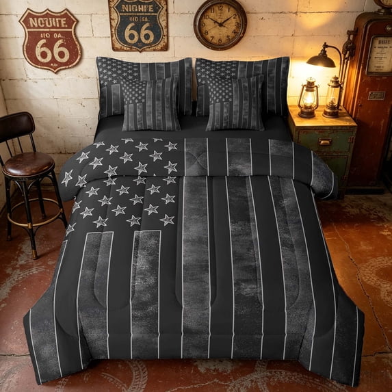 Manfei Grunge Black US Flag Twin Bedding, Star Stripe Bedding Comforter Set, Black Gray White, Black Reversible 7-Piece