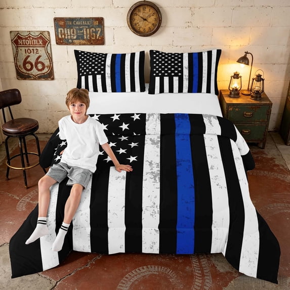 Manfei Grunge Blue American Flag Queen Comforter Set, Patriotic Fourth of July Comforter Sets Queen, Black White Blue, Black Reversible 3 Pieces, 1 Comforter and 2 Pillowcases