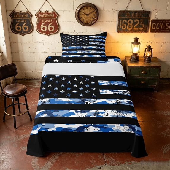 Manfei Grunge Blue Camo American Flag Twin Sheets, Patriotic Tactical Independence Day Bedding, Black Reversible 3-Piece (1 Flat Sheet, 1 Fitted Sheet and 1 Pillowcase)