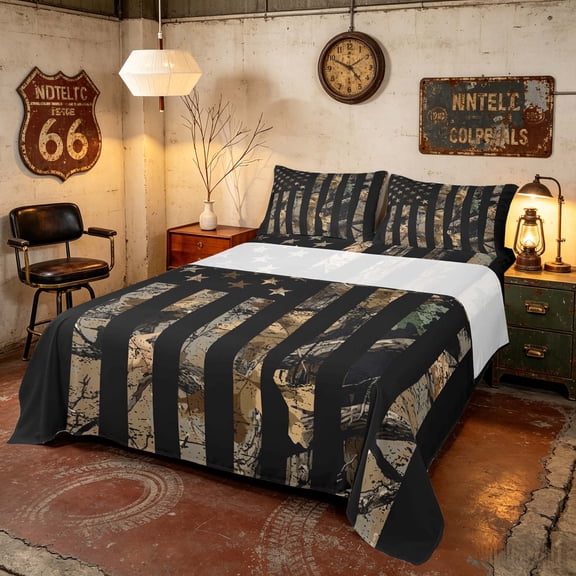 Manfei Grunge Camo American Flag Queen Sheets, Army Camouflage Queen Sheet Sets, Black Brown, Black Reversible 4pcs (1 Flat Sheet, 1 Fitted Sheet and 2 Pillowcases)