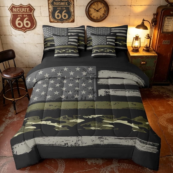 Manfei Grunge Camo American Flag Twin Bedding, Military Patriotic Independence Day Bedding Comforter Set, Black Gray Green, Black Reversible 7-Piece