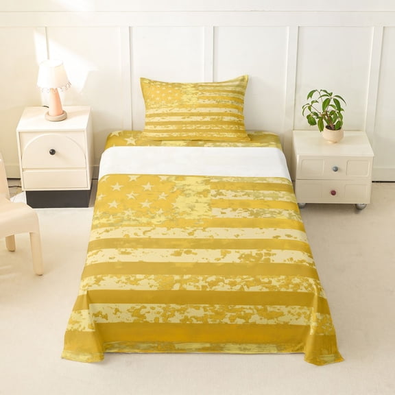 Manfei Grunge Camouflage Twin Sheets,Classic Us Flag Bedding,Yellow,3 Pieces,1 Fitted Sheet and 1 Pillowcase
