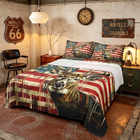 Manfei Grunge Deer Bed Sheets, Distressed American Flag Full Size Sheets, Red White Blue, Black Reversible 4pcs (1 Flat Sheet, 1 Fitted Sheet and 2 Pillowcases)