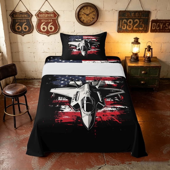Manfei Grunge Fighter Jet Twin Sheets, American Flag Bedding, Black White Red, Black Reversible 3 Pieces (1 Flat Sheet, 1 Fitted Sheet and 1 Pillowcase)