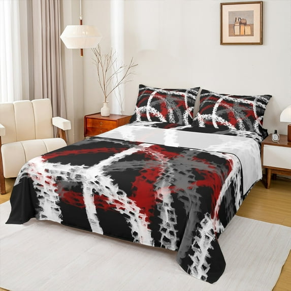 Manfei Grunge Geometric Lines Bed Sheets 4pcs, Contemporary Abstract King Sheets, Black White Red Sheet Set, Microfiber Bedroom Decor