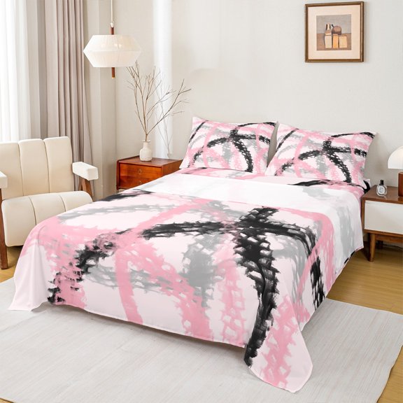 Manfei Grunge Geometric Lines Bed Sheets 4pcs, Contemporary Abstract King Sheets, Pink Black Gray Sheet Set, Microfiber Bedroom Decor