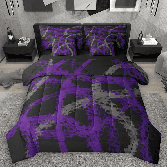 Manfei Grunge Geometric Lines Twin Bedding Sets 7pcs, Contemporary Abstract Bedding Comforter Set, Black Gray Purple Sheet Sets, Ultra Soft Home Decor