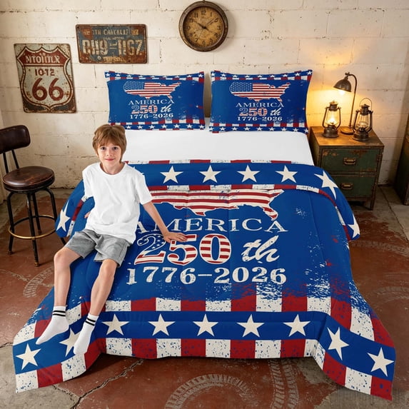 Manfei Grunge Map Stars Full Size Comforter Sets, America 250th Birthday Bedding Comforter Set, Red Blue White, Navy Reversible 3-Piece, 1 Comforter and 2 Pillowcases