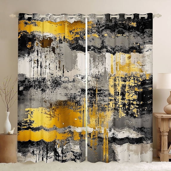 Manfei Grunge Ombre Kitchen Curtains, Black White Gold Black Out Curtains Pack of 2 (42x63 Each)
