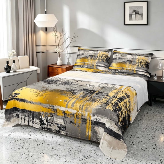 Manfei Grunge Ombre Queen Sheets, Black White Gold Queen Sheet Sets, Black Reversible 4 Pieces1 Flat Sheet + 1 Fitted Sheet + 2 Pillowcases
