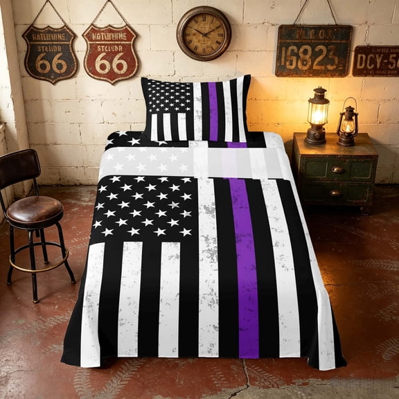 Manfei Grunge Purple American Flag Twin Sheets, Patriotic Independence Day Bedding, Black White Purple, Black Reversible 3 Pieces (1 Flat Sheet, 1 Fitted Sheet and 1 Pillowcase)