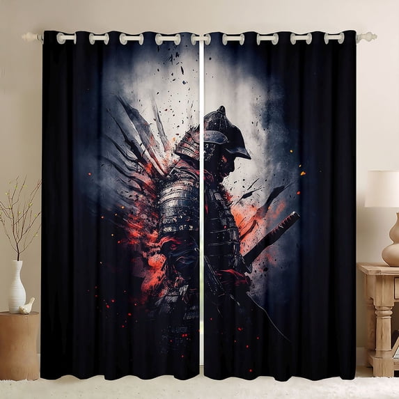 Manfei Grunge Samurai Black Out Curtains for Boys Men, Explosion Effect Curtains Pack of 2 (42x63 Each), Black Red Gray