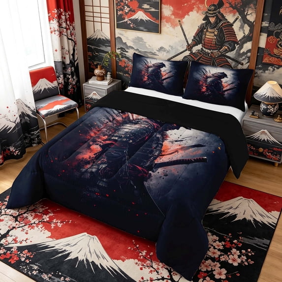 Manfei Grunge Samurai Full Size Comforter Sets for Boys Men, Explosion Effect Bedding Sets, Black Red Gray, Black Reversible 3 Pieces, 1 Comforter and 2 Pillowcases