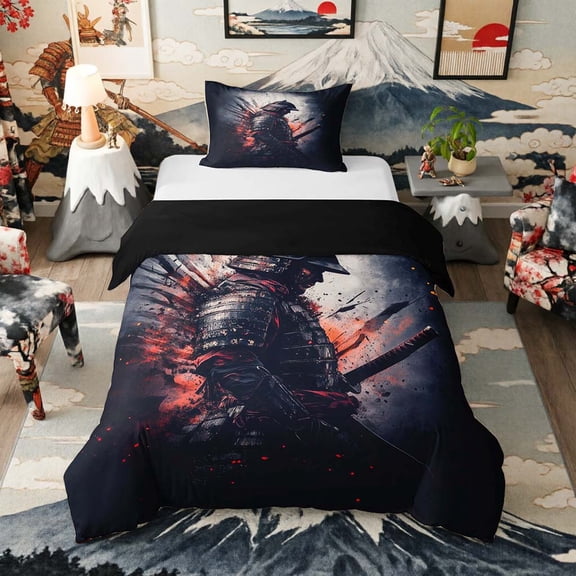 Manfei Grunge Samurai Twin Bedding for Boys Men, Explosion Effect Duvet Cover Set, Black Red Gray, Black Reversible 2 Pieces, 1 Duvet Cover and 1 Pillowcase
