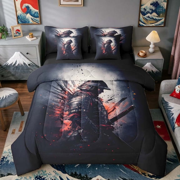 Manfei Grunge Samurai Twin Bedding Sets for Boys Men, Explosion Effect Bedding Comforter Set, Black Red Gray, Black Reversible7 Pieces