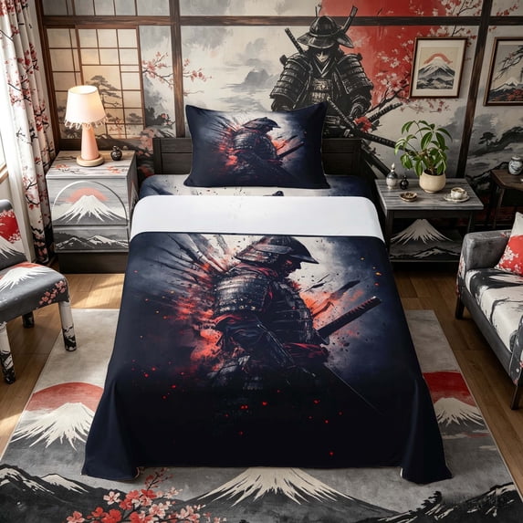Manfei Grunge Samurai Twin Sheet Sets for Boys Men, Explosion Effect Bedding, Black Red Gray 3 Pieces, 1 Flat Sheet, 1 Fitted Sheet and 1 Pillowcase