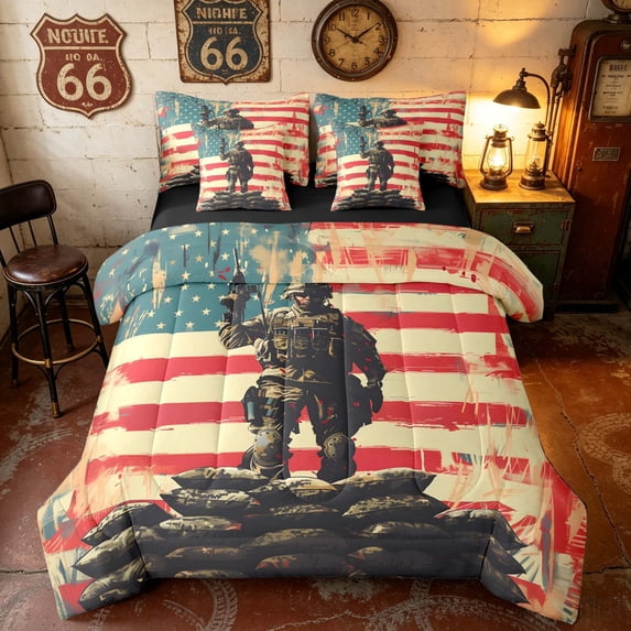 Manfei Grunge Soldier Queen Bedding, Distressed USA Flag Bedding Comforter Set Queen, Red White Blue Camo, Black Reversible 7pcs