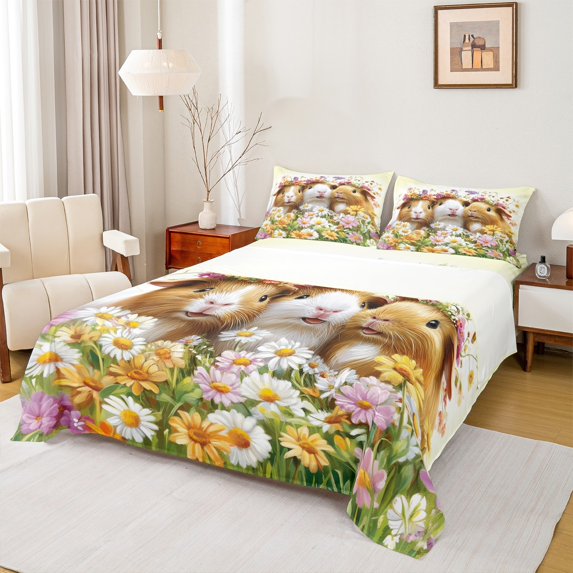 Manfei Guinea Pig Sheet Set Twin,Pet Animal Bedding Sets Twin Size,Colorful Flower Daisy Twin Sheet Sets,Super Cozy Bedroom Decoration,3pcs
