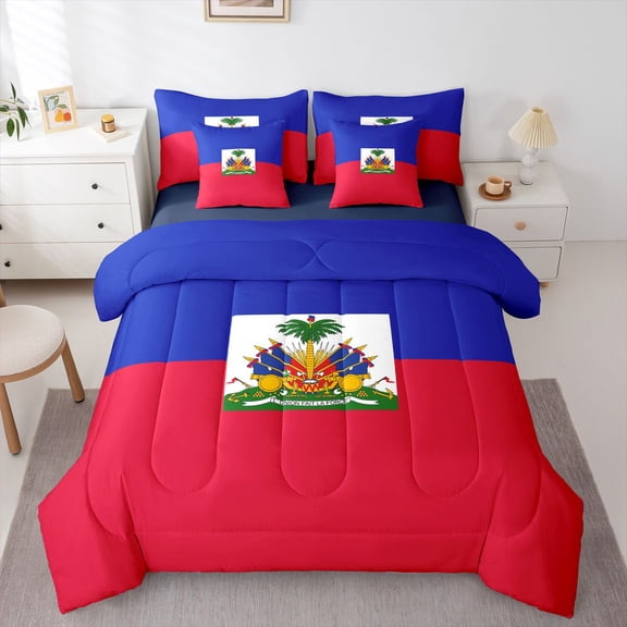 Manfei Haiti Flag 7-Piece Twin Bedding,Patriotic Theme Art Bedding Comforter Set,Blue Red Green,Navy Blue Reversible