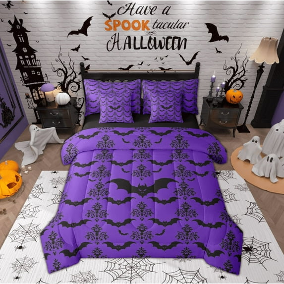 Manfei Halloween Bat 7-Piece Twin Bedding Sets,Vintage Antique Damask Bedding Comforter Set,Purple Black Sheet Sets For Children,Microfiber Bedroom Decor Reversible