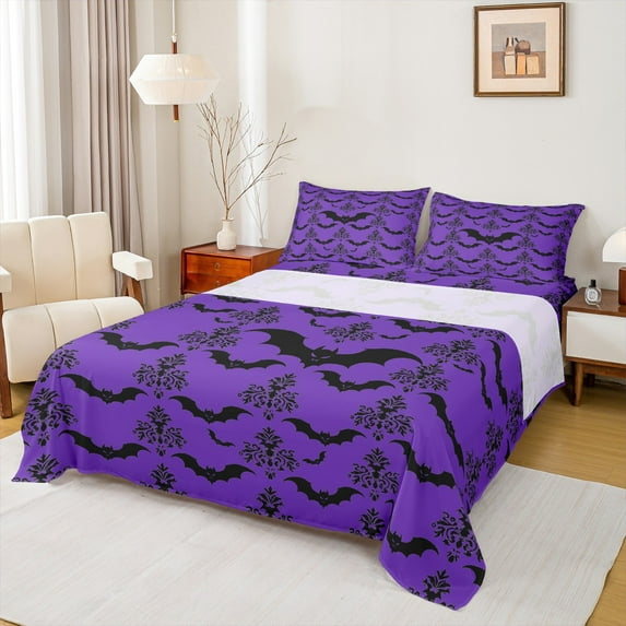 Manfei Halloween Bat Bed Sheets,Vintage Antique Damask King Sheets,Purple Black Sheet Set For Children,Microfiber Bedroom Decor,4-Piece