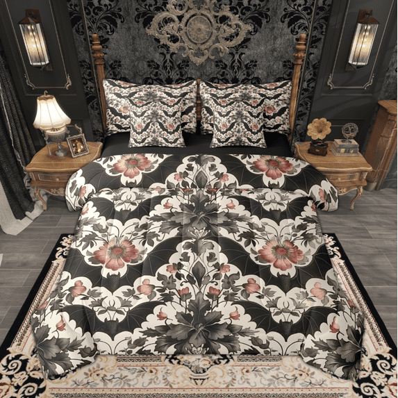 Manfei Halloween Bat Bedding Comforter Set 7-Piece, Vintage Floral Flower King Bedding Sets, Hippie Animal Bed Sheets, Ultra Soft Home Decor