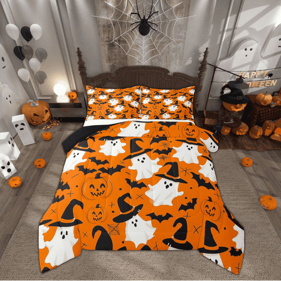 Manfei Halloween Bat Bedding Queen Comforter Set, Gothic Cartoon Ghost Comforter Sets Queen Size, Orange Reversible Comforters & Duvets, Microfiber Room Decorative, 3pcs