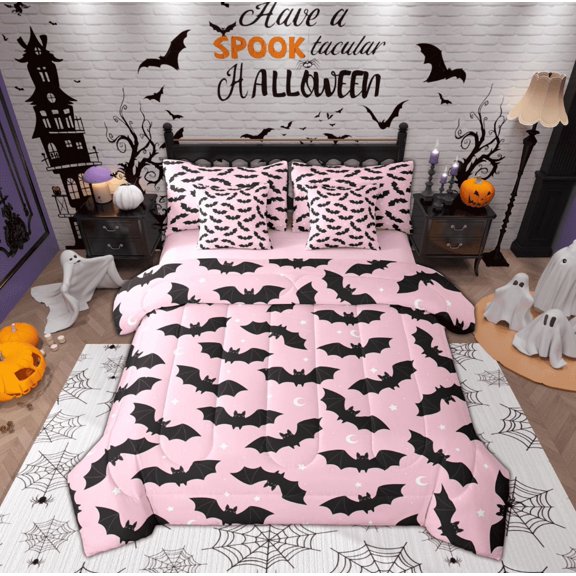 Manfei Halloween Bat Child Twin Bedding Sets 7-Piece, Cartoon Stars Moon Print Bedding Comforter Set, Sugar Gothic Theme Reversible Sheet Sets, Lightweight Room Decor