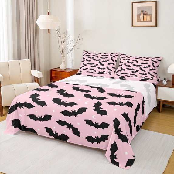 Manfei Halloween Bat Child Twin Sheet Sets, Cartoon Stars Moon Print Twin Fitted Sheet, Sugar Gothic Theme Flat Sheet, Lightweight Room Decor, 3pcs