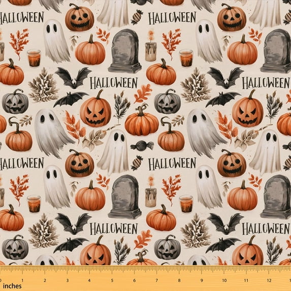 Manfei Halloween Bat Fabric by the Yard 1 Yard, Ghost Home Decor Fabric by the Yard, Gray