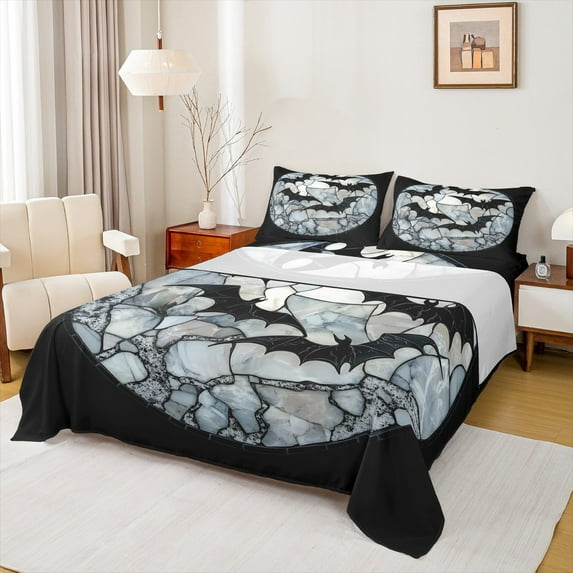 Manfei Halloween Bat Full Size Sheets for Kids, Aesthetic Marble Bed Sheets, Black Gray Sheet Sets, Luxury Bedroom Decor 4-Piece
