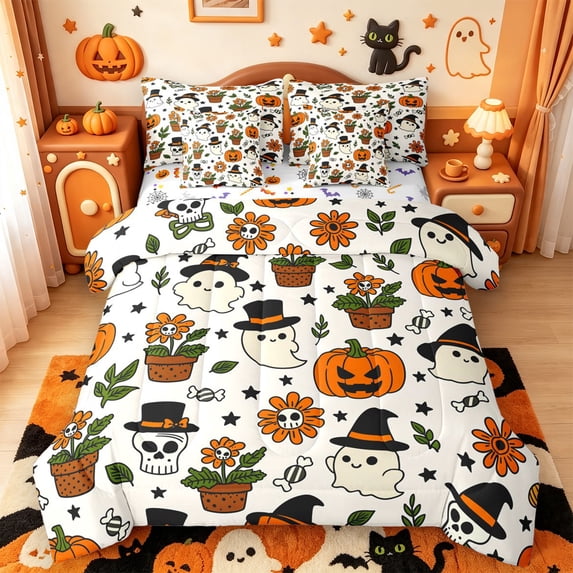 Manfei Halloween Bat Pattern 7-Piece King Bedding,Kawaii Cartoon Ghost Halloween King Bed in a Bag,Halloween Reversible
