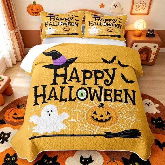 Manfei Halloween Bat Pattern Quilt Full,Gothic Witch Print Full Bedspread Sets,3 Pieces,1 Coverlet and 2 Pillowcases