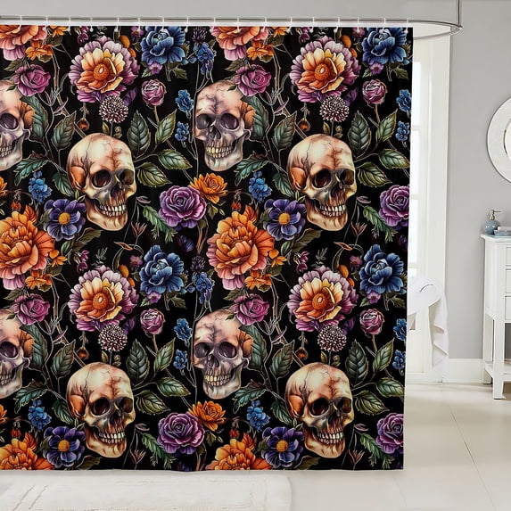 Manfei Halloween Bat Pattern Shower Curtain 72Wx84L,Skeleton With Roses Bathroom Shower Curtain