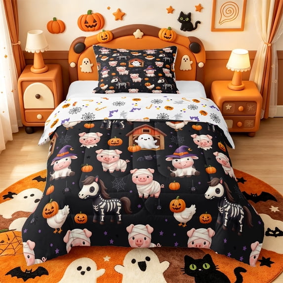 Manfei Halloween Bat Pattern Twin Comforter Sets,Kawaii Farm Animals Pig Bedding Set,Halloween Reversible,2 Pieces,1 Comforter and 1 Pillowcase