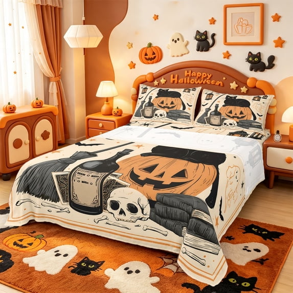 Manfei Halloween Bat Print King Sheets,Spooky Witch Pattern Bedding,4-Piece,1 Flat Sheet,1 Fitted Sheet and 2 Pillowcases